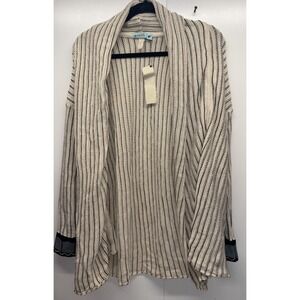 Goddis Cream and black open-front cardigan with Gray blue On Sleeves Boho Stripe